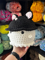 Large Ghost Crochet Plushie w/ Black Cat Bucket Hat