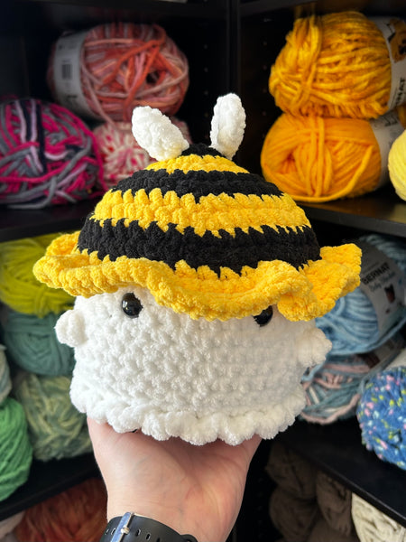 Large Ghost Crochet Plushie w/ Bee Bucket Hat