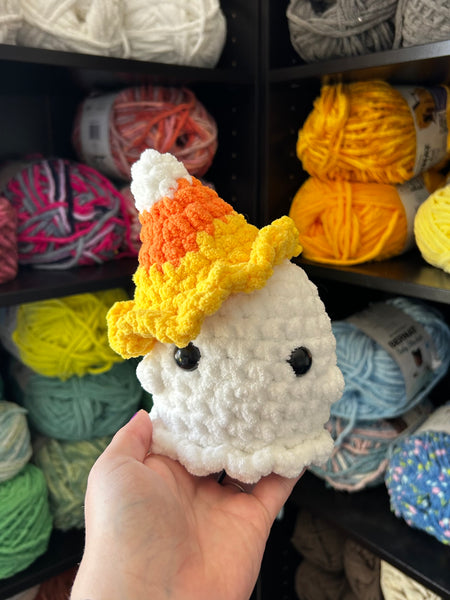 Small Ghost Crochet Plushie w/ Candy Corn Hat