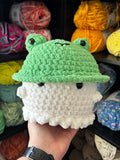 Large Ghost Crochet Plushie w/ Frog Bucket Hat