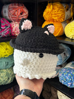 Large Ghost Crochet Plushie w/ Black Cat Bucket Hat