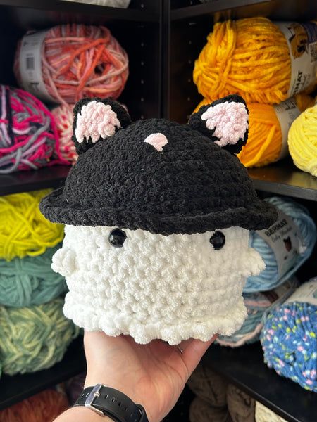 Large Ghost Crochet Plushie w/ Black Cat Bucket Hat