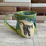 11 oz Aurora Green over Green Opal Tuxedo Cat Ceramic Mug