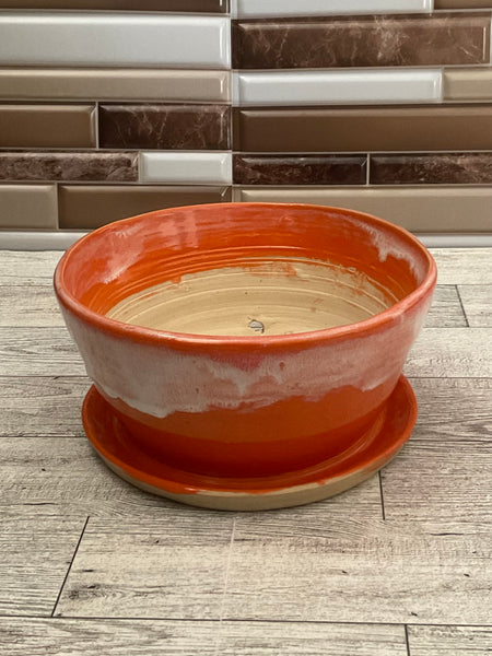 Bright Orange Ceramic Planter with Attached Base