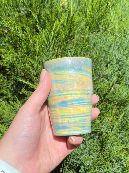 5 oz Blue/Yellow Marbled Mother of Pearl luster Handmade Ceramic Cup