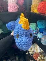 Sleeping Dinosaur Crochet Plushie - Blue/Gold