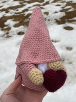 Pink Gnome Plush with Maroon Heart Crochet Plush