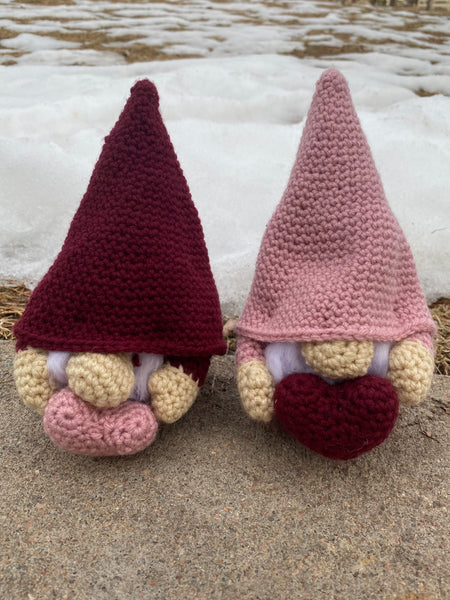 Pink Gnome Plush with Maroon Heart Crochet Plush