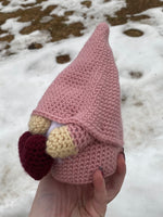 Pink Gnome Plush with Maroon Heart Crochet Plush