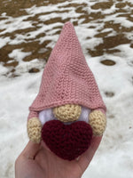 Pink Gnome Plush with Maroon Heart Crochet Plush